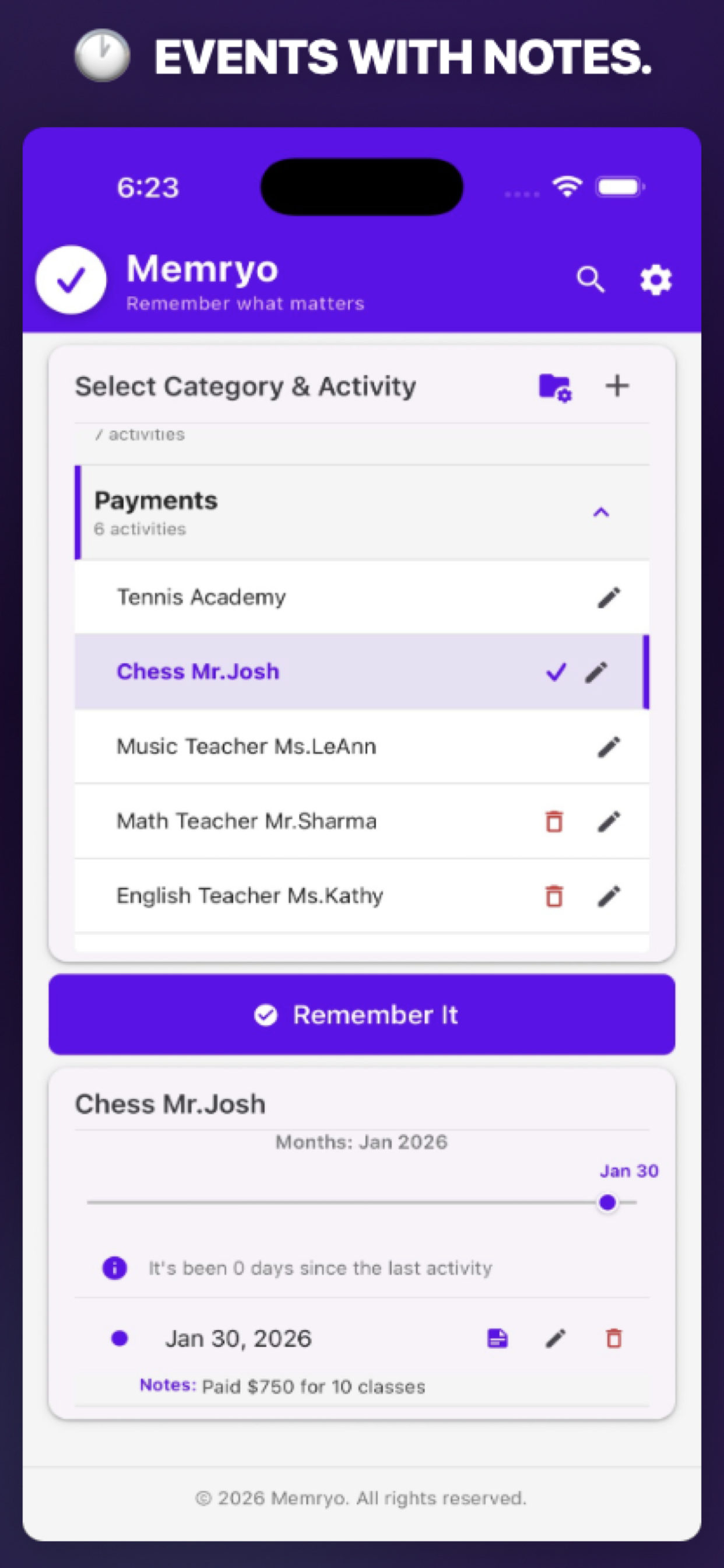 Events with notes